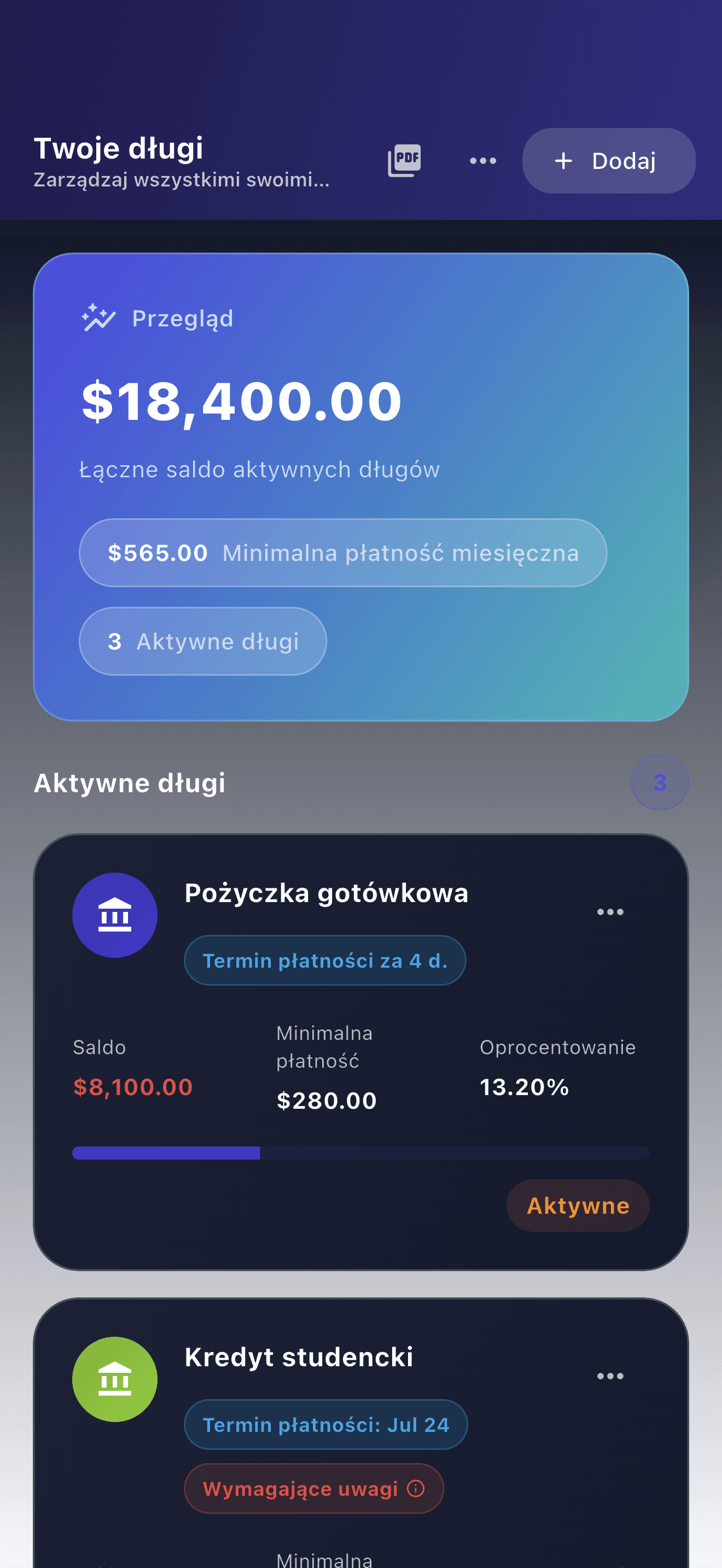 Widok aplikacji Payooo do organizowania długów (1)