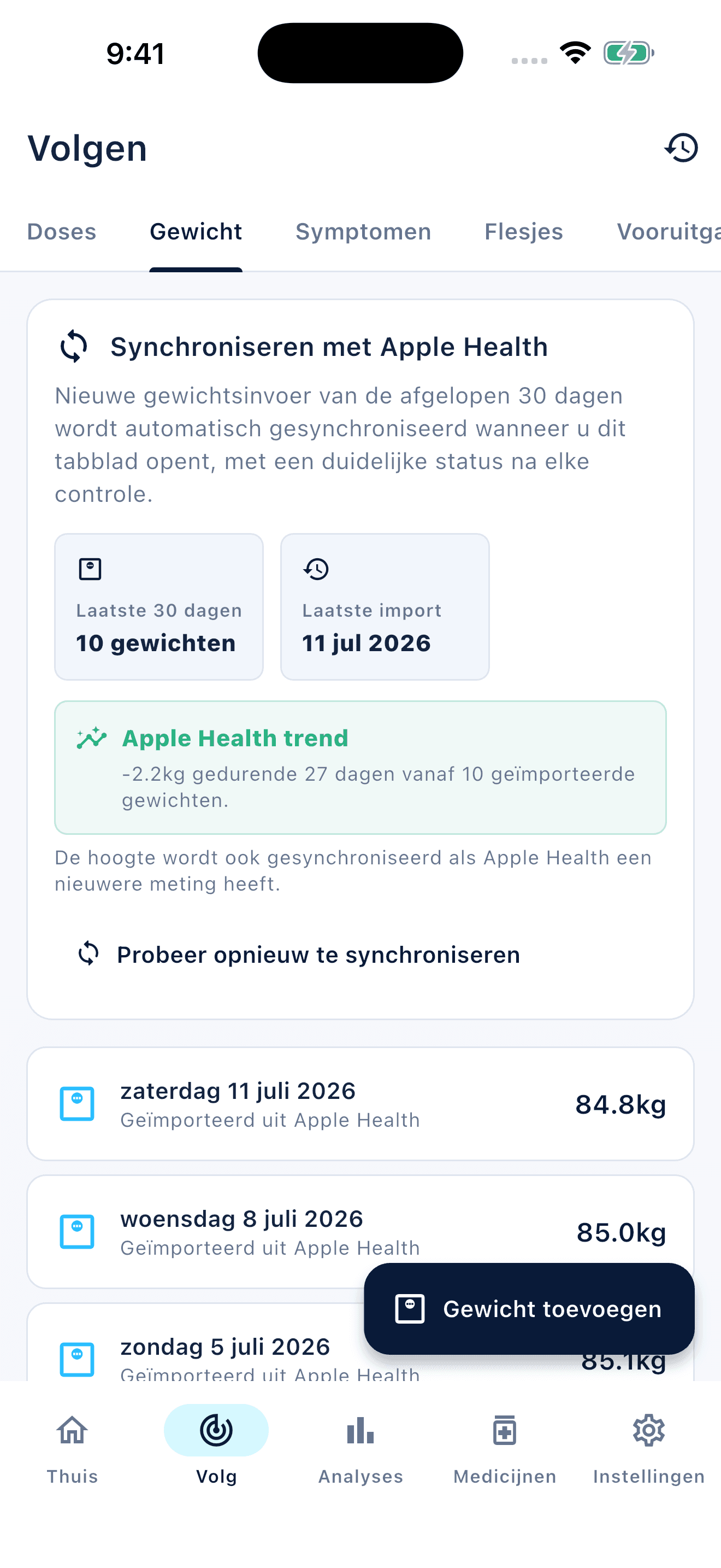 Registratieoverzicht van Peptiva op een telefoon (1)