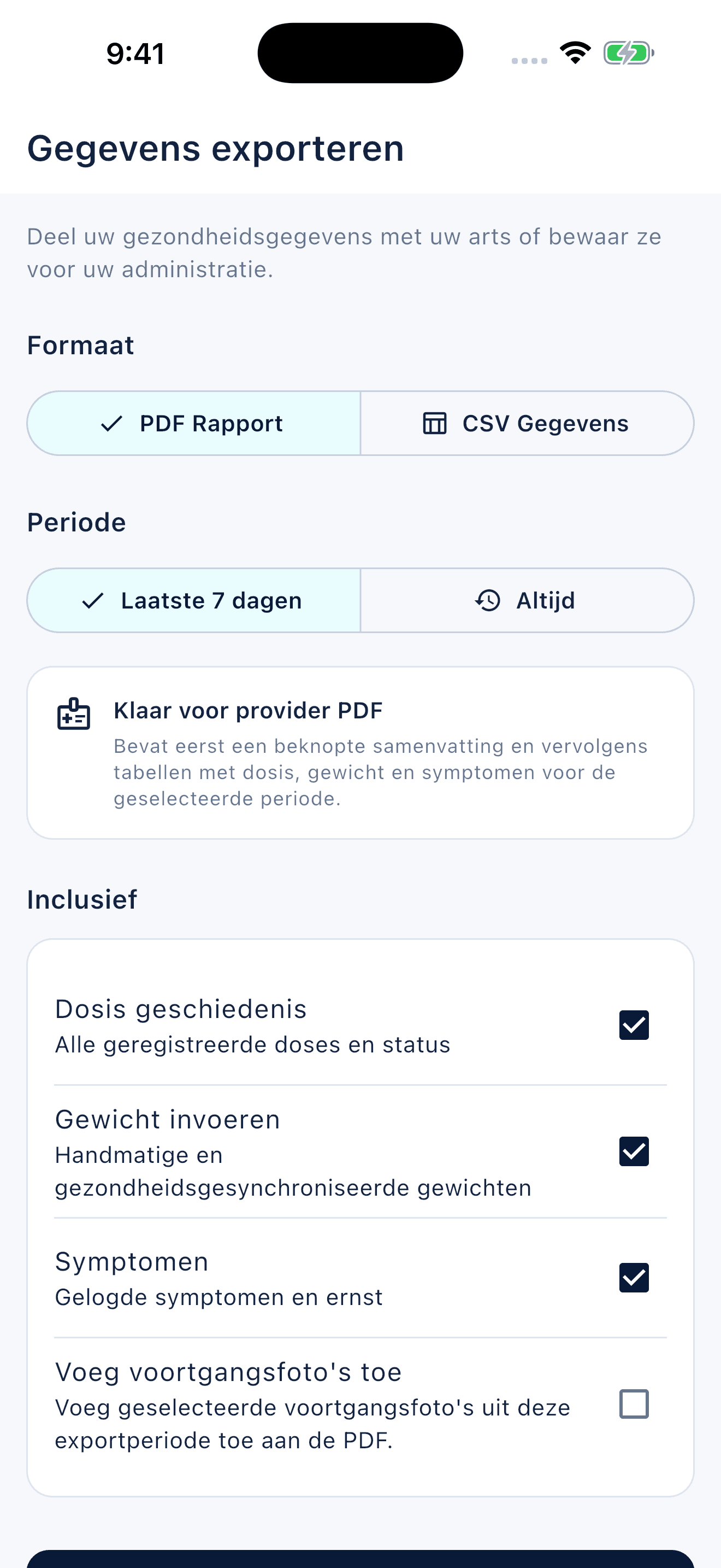 Registratieoverzicht van Peptiva op een telefoon (2)