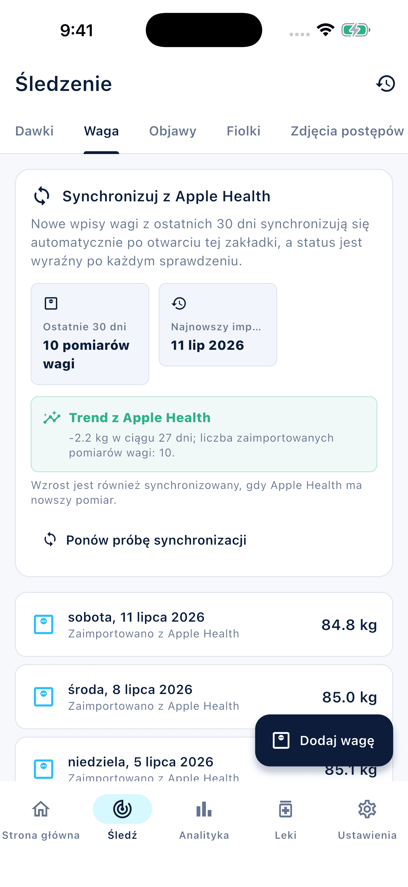 Przegląd zapisów w aplikacji Peptiva (1)